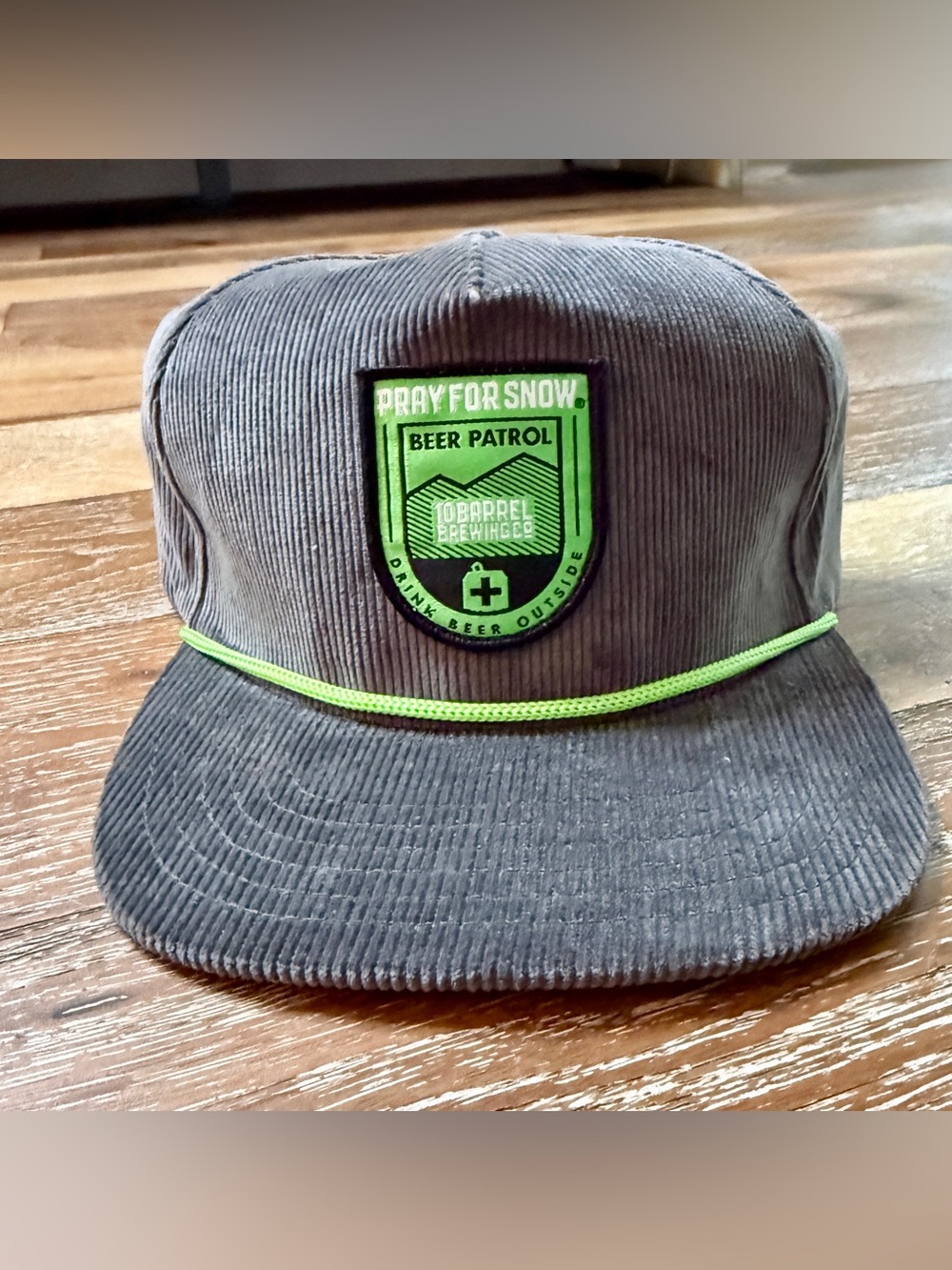 "Pray For Snow" Grey Corduroy Snapback Hat Cap w/ Green / 10 Barrel Brewing